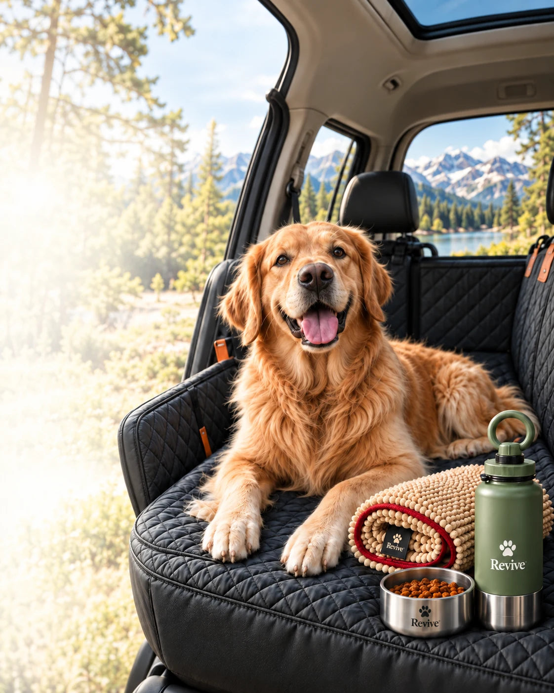 Golden retriever on the car seat extender with the towel and travel bottle