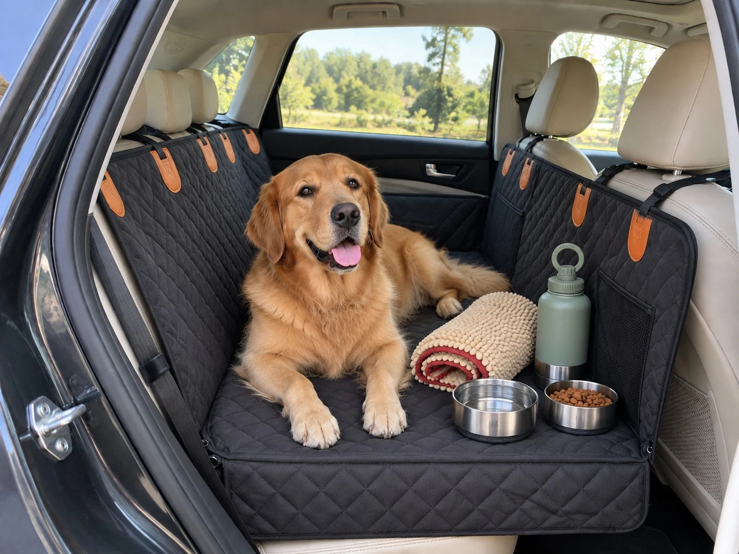 After: the dog relaxing on the black seat extender with the complete travel kit